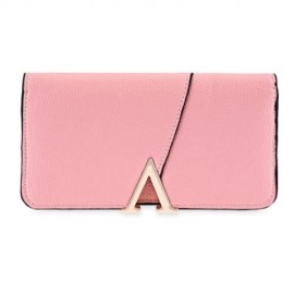 PU LEATHER SIMPLE DESIGN SNAP FASTENER WOMEN CLUTCH WALLET (PINK)