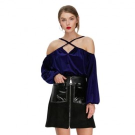 TRENDY LONG SLEEVE COLLARLESS CRISS CROSS STRAP VELVET WOMEN BLOUSE (PURPLISH BLUE)