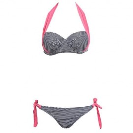 OUTDOOR SWIMMING TWO-PIECE STRIPE HALTER BIKINI SUIT (BLACK AND PINK)