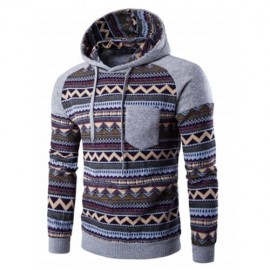 COLOR BLOCK TRIBAL PRINTED POCKET HOODED RAGLAN SLEEVE HOODIE (LIGHT GRAY)