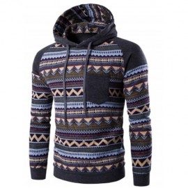 COLOR BLOCK TRIBAL PRINTED POCKET HOODED RAGLAN SLEEVE HOODIE (DEEP GRAY)