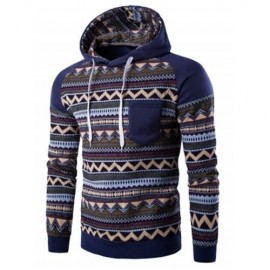 COLOR BLOCK TRIBAL PRINTED POCKET HOODED RAGLAN SLEEVE HOODIE (DENIM BLUE)