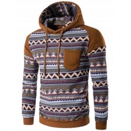 COLOR BLOCK TRIBAL PRINTED POCKET HOODED RAGLAN SLEEVE HOODIE (COFFEE)
