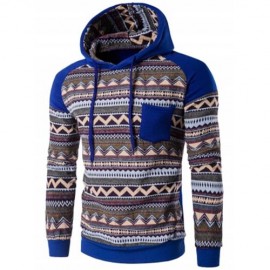 COLOR BLOCK TRIBAL PRINTED POCKET HOODED RAGLAN SLEEVE HOODIE (BLUE)