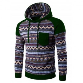COLOR BLOCK TRIBAL PRINTED POCKET HOODED RAGLAN SLEEVE HOODIE (BLACKISH GREEN)