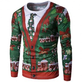 CREW NECK 3D CHRISTMAS TIE COSTUME FAUX TWINSET PRINT T-SHIRT (COLORMIX)