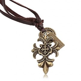 OLD CLASSICAL STYLE CROSS PENDANT PATTERN CARVED LADIES LEATHER NEKLACE (BROWN)