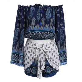 BELL SLEEVE OFF THE SHOULDER PRINT WOMEN CROP TOP WITH SHORTS (BLUE)