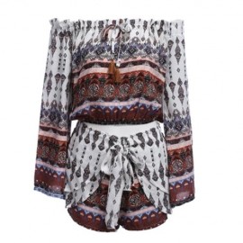 BELL SLEEVE OFF THE SHOULDER PRINT WOMEN CROP TOP WITH SHORTS (WHITE)