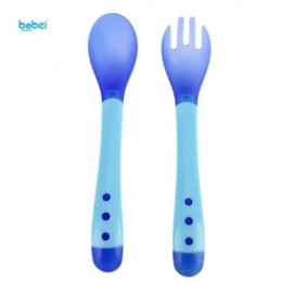 BOBEIELEPHANT PORTABLE TEMPERATURE CHANGING COLOR BABIES SILICONE FORK SPOON SET (BLUE)