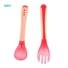 BOBEIELEPHANT PORTABLE TEMPERATURE CHANGING COLOR BABIES SILICONE FORK SPOON SET (RED)