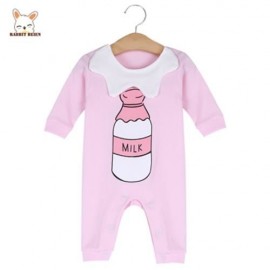 RABBIT BEIEN COTTON CUTE ROUND COLLAR BABY MILK PRINT JUMPSUIT (PINK)