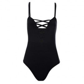SPAGHETTI STRAP HOLLOW OUT LACE-UP BACKLESS WOMEN SWIMSUIT (BLACK)