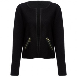 ROUND COLLAR LONG SLEEVE DECORATIVE POCKET WOMEN COAT (BLACK)