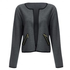 ROUND COLLAR LONG SLEEVE DECORATIVE POCKET WOMEN COAT (GRAY)