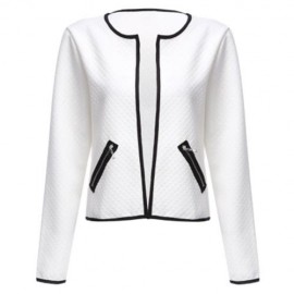 ROUND COLLAR LONG SLEEVE DECORATIVE POCKET WOMEN COAT (WHITE)