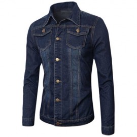 POCKETS EMBELLISHED TURN-DOWN COLLAR DENIM JECKET (BLUE)