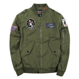 BADGE PATCHED ZIP UP BOMBER JACKET (ARMY GREEN)