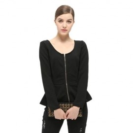 BRIEF LONG SLEEVE V NECK RUFFLED ZIPPER WOMEN COAT (BLACK)