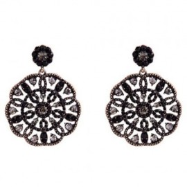 PAIR OF STYLISH WOMEN'S RHINESTONE OPENWORK FLOWER PENDANT EARRINGS (BLACK)