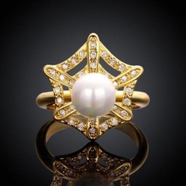 FASHIONABLE WOMEN'S RHINESTONE FAUX PEARL DECORATED GEOMETRIC RING (GOLD)