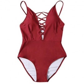 SPAGHETTI STRAP HOLLOW OUT PAD BACKLESS WOMEN SWIMSUIT (RED)
