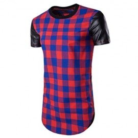 PU LEATHER PANEL SIDE ZIP UP PLAID LONGLINE T-SHIRT (BLUE)