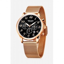 MEGIR 2022 CASUAL WORKING SUB-DIAL MALE QUARTZ WATCH WITH STAINLESS STEEL NET STRAP (BLACK