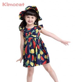 KIMOCAT 2PCS GIRLS RUFFLE WATERMELON PINEAPPLE PRINT DRESS HAT (CERULEAN)