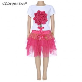 KEAIYOUHUO GIRLS CLOTHING SET FLORAL PRINT T-SHIRT BUBBLE SKIRT (ROSE MADDER)