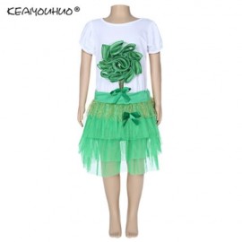 KEAIYOUHUO GIRLS CLOTHING SET FLORAL PRINT T-SHIRT BUBBLE SKIRT (GREEN)
