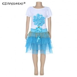 KEAIYOUHUO GIRLS CLOTHING SET FLORAL PRINT T-SHIRT BUBBLE SKIRT (LIGHT BLUE)