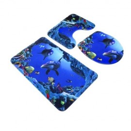 3PCS BLUE OCEAN STYLE PEDESTAL RUG   TOILET COVER   BATH MAT (MULTICOLOR)