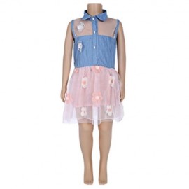 GIRLS SLEEVELESS DENIM FLORAL PRINT HOLLOW OUT SPLICED DRESS (PINK)