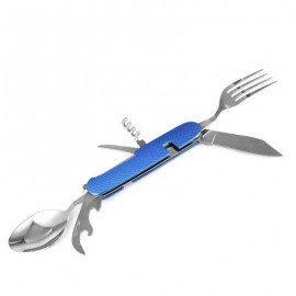 Multifunctional 6 in 1 Stainless Steel Folding Knife Spoon Fork (BLUE)