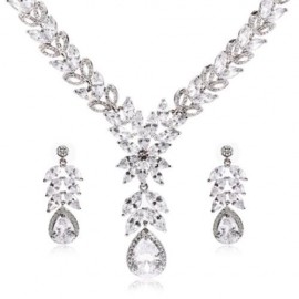 DROP-SHAPED RHINESTONE NECKLACE EARRINGS WOMEN JEWELRY SET (SILVER) DROP-SHAPED RHINESTONE NECKLACE EARRINGS WOMEN JEWELRY SET (SILVER)
