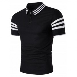TURNDOWN COLLAR STRIPED DESIGN POLO T-SHIRT (BLACK)