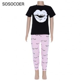SOSOCOER 2PCS GIRLS LIP PATTERN T-SHIRT EYELASH PRINT TROUSERS (BLACK AND PINK)