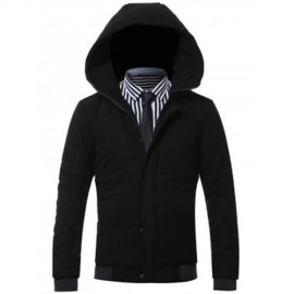 HOODED RIB SPLICING DESIGN ZIP-UP PADDED JACKET (BLACK)