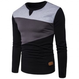 CREW NECK PU LEATHER APPLIQUE PANEL DESIGN T-SHIRT (BLACK)