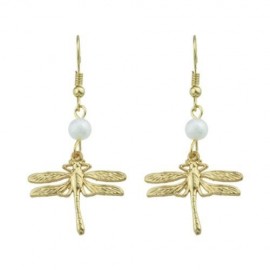 FAUX PEARL DRAGONFLY FISH HOOK EARRINGS (GOLDEN)