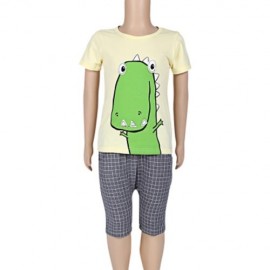 2PCS KIDS BOYS CASUAL CARTOON PRINTED T-SHIRT PLAID CROP PANTS (YELLOW)