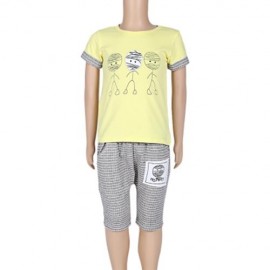 2PCS BOYS KIDS CASUAL SLOWLY PRINTED T-SHIRT PLAID CROP PANTS (YELLOW)