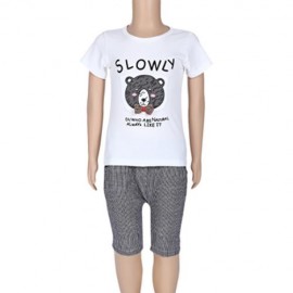 2PCS BOYS KIDS CASUAL SLOWLY PRINTED T-SHIRT PLAID CROP PANTS (WHITE)