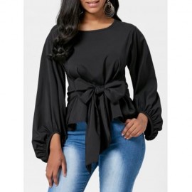 PUFF SLEEVE BELTED BLOUSE (BLACK)