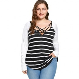 PLUS SIZE LATTICE NECK STRIPED JERSEY TOP (BLACK WHITE)
