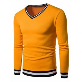STRIPE RIB PANEL V NECK LONG SLEEVE SWEATSHIRT (YELLOW)