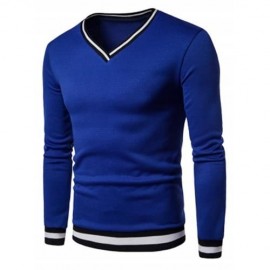 STRIPE RIB PANEL V NECK LONG SLEEVE SWEATSHIRT (BLUE)