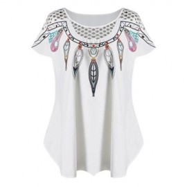 PLUS SIZE HOLLOW OUT FEATHER PRINT TOP (WHITE)