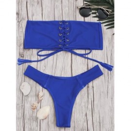 EYELETS LACE UP BANDEAU BIKINI SET (ROYAL)